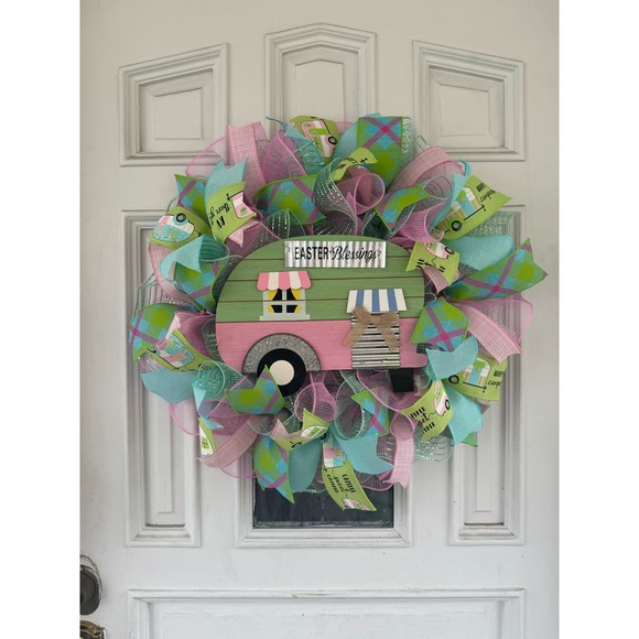 Pink Mint Green Camper Mesh Ribbon Easter & Spring Wreath Front Door Hanger xxx - Picture 1 of 10
